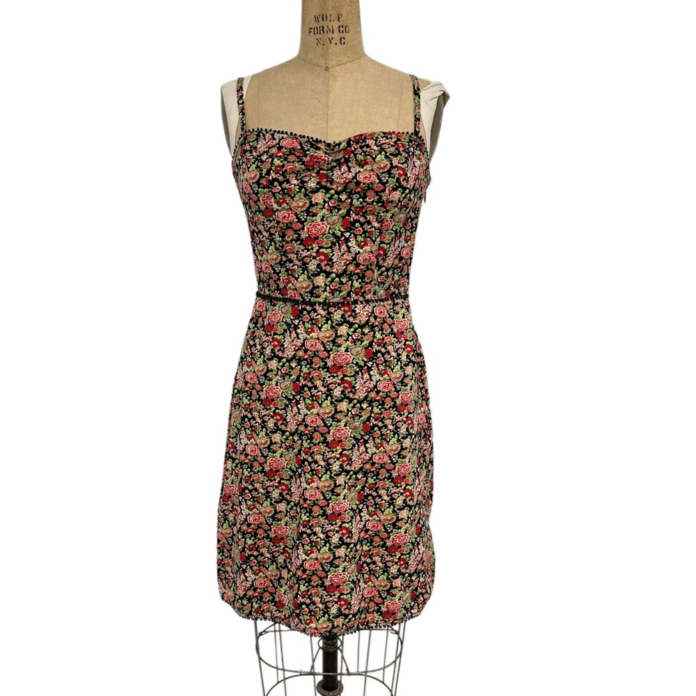 VINTAGE sz 0 Betsey Johnson Black Floral Mini Dress Pinup
